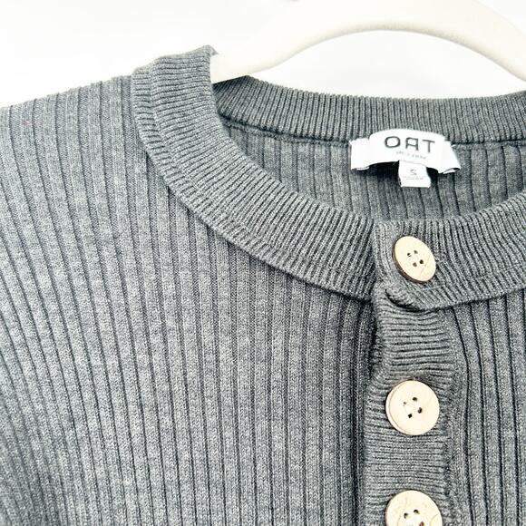 Oat Womens Fall Drop Shoulder Wide Sleeve Ribbed Knit Henley Sweater Size S Gray - Picture 3 of 6